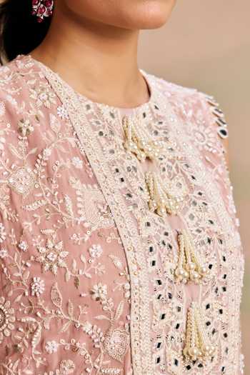 Evra By Nikita_Pink Georgette Pearls Round Neck, Yes Embroidered Kurta And Palazzo Set _Online