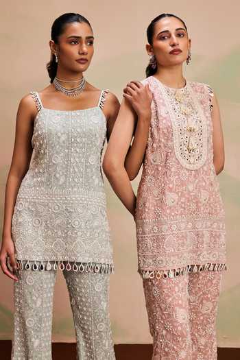 Buy_Evra By Nikita_Pink Georgette Pearls Round Neck, Yes Embroidered Kurta And Palazzo Set _Online