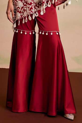 Evra By Nikita_Red Georgette Pom-poms One Shoulder Pearl Work Cape And Gharara Set _Online_at_Aza_Fashions