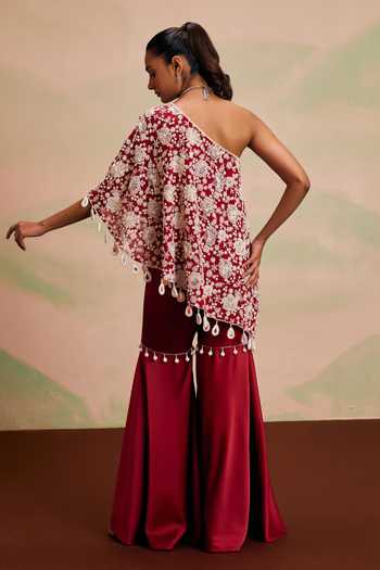 Shop_Evra By Nikita_Red Georgette Pom-poms One Shoulder Pearl Work Cape And Gharara Set _at_Aza_Fashions