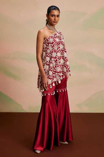 Buy_Evra By Nikita_Red Georgette Pom-poms One Shoulder Pearl Work Cape And Gharara Set _Online_at_Aza_Fashions