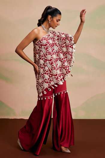 Shop_Evra By Nikita_Red Georgette Pom-poms One Shoulder Pearl Work Cape And Gharara Set _Online_at_Aza_Fashions