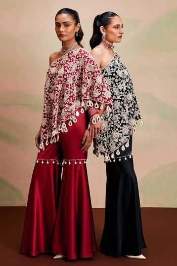 Evra By Nikita_Red Georgette Pom-poms One Shoulder Pearl Work Cape And Gharara Set _at_Aza_Fashions