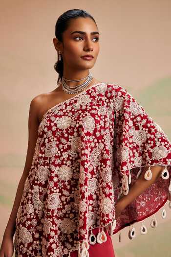 Shop_Evra By Nikita_Red Georgette Pom-poms One Shoulder Pearl Work Cape And Gharara Set 