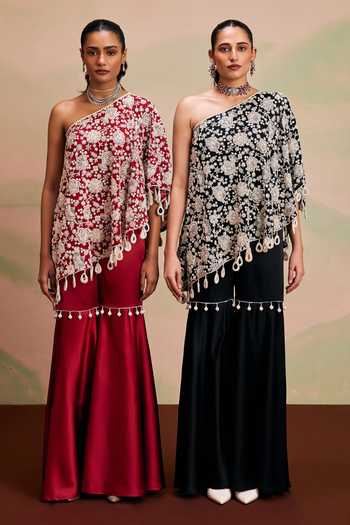 Evra By Nikita_Red Georgette Pom-poms One Shoulder Pearl Work Cape And Gharara Set _Online