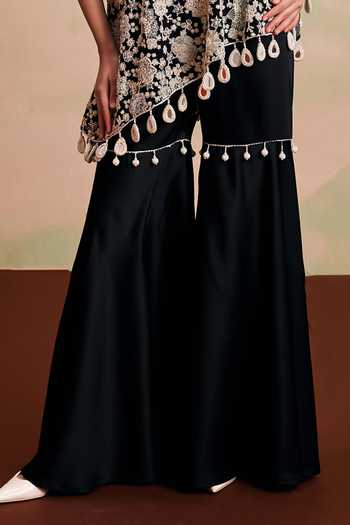 Evra By Nikita_Black Georgette Tassels One Shoulder, Floral Embroidered Cape And Gharara Set _Online_at_Aza_Fashions