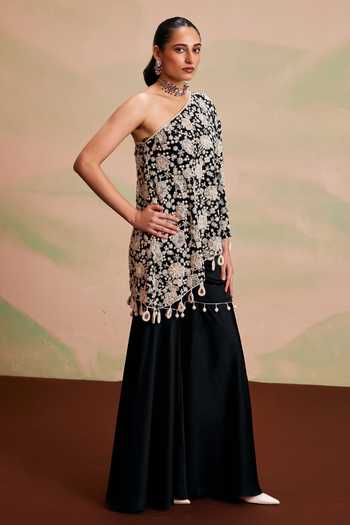 Buy_Evra By Nikita_Black Georgette Tassels One Shoulder, Floral Embroidered Cape And Gharara Set _Online_at_Aza_Fashions