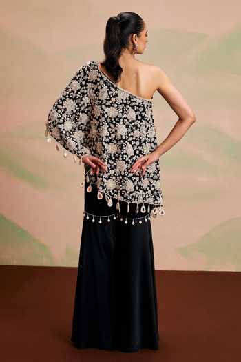 Shop_Evra By Nikita_Black Georgette Tassels One Shoulder, Floral Embroidered Cape And Gharara Set _at_Aza_Fashions