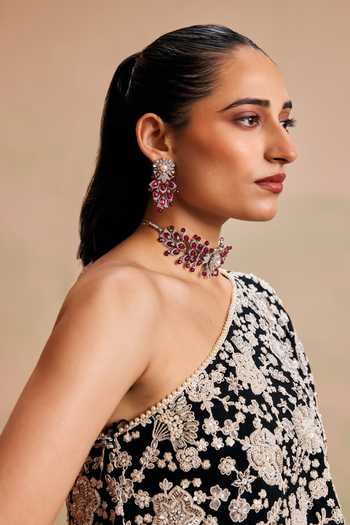 Shop_Evra By Nikita_Black Georgette Tassels One Shoulder, Floral Embroidered Cape And Gharara Set _Online_at_Aza_Fashions