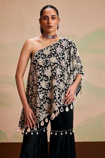 Evra By Nikita_Black Georgette Tassels One Shoulder, Floral Embroidered Cape And Gharara Set _at_Aza_Fashions