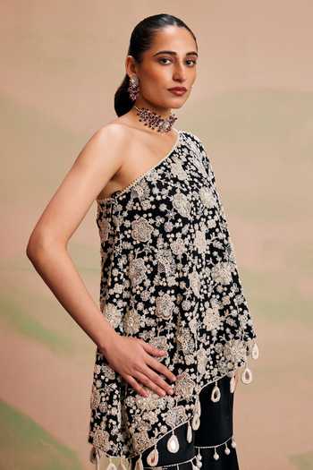 Buy_Evra By Nikita_Black Georgette Tassels One Shoulder, Floral Embroidered Cape And Gharara Set 