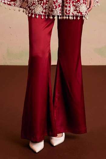 Evra By Nikita_Red Georgette Round Neck Pearl Embellished Cape And Palazzo Set _Online_at_Aza_Fashions