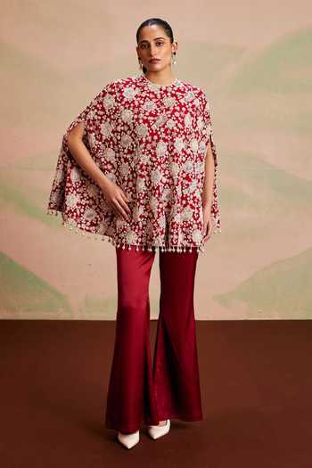 Buy_Evra By Nikita_Red Georgette Round Neck Pearl Embellished Cape And Palazzo Set _at_Aza_Fashions