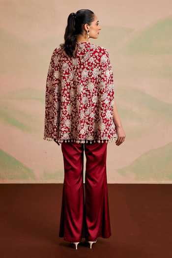 Shop_Evra By Nikita_Red Georgette Round Neck Pearl Embellished Cape And Palazzo Set _at_Aza_Fashions