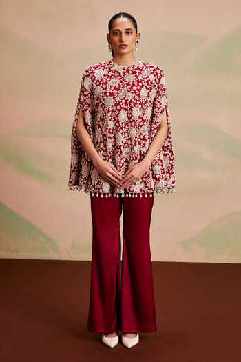 Buy_Evra By Nikita_Red Georgette Round Neck Pearl Embellished Cape And Palazzo Set _Online_at_Aza_Fashions