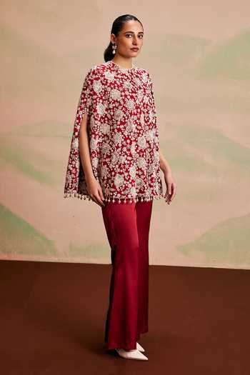 Shop_Evra By Nikita_Red Georgette Round Neck Pearl Embellished Cape And Palazzo Set _Online_at_Aza_Fashions