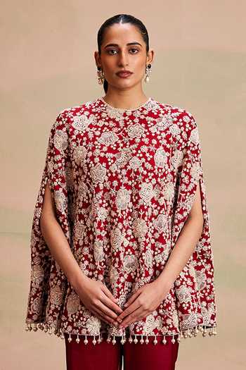 Evra By Nikita_Red Georgette Round Neck Pearl Embellished Cape And Palazzo Set _at_Aza_Fashions