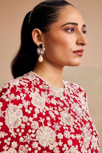 Buy_Evra By Nikita_Red Georgette Round Neck Pearl Embellished Cape And Palazzo Set 
