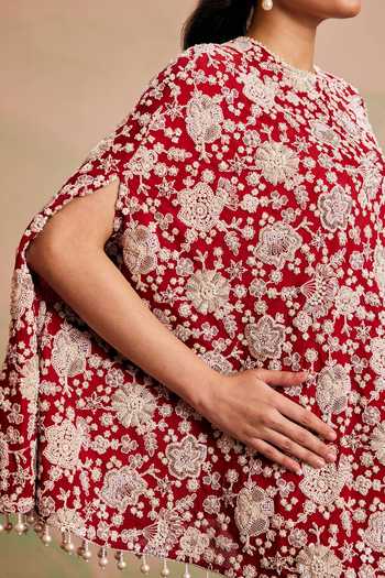 Shop_Evra By Nikita_Red Georgette Round Neck Pearl Embellished Cape And Palazzo Set 