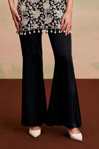 Evra By Nikita_Black Georgette Pearls, Tassels, Pom-poms Round Neck Work Kurta And Palazzo Set _Online_at_Aza_Fashions