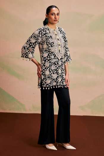 Buy_Evra By Nikita_Black Georgette Pearls, Tassels, Pom-poms Round Neck Work Kurta And Palazzo Set _Online_at_Aza_Fashions