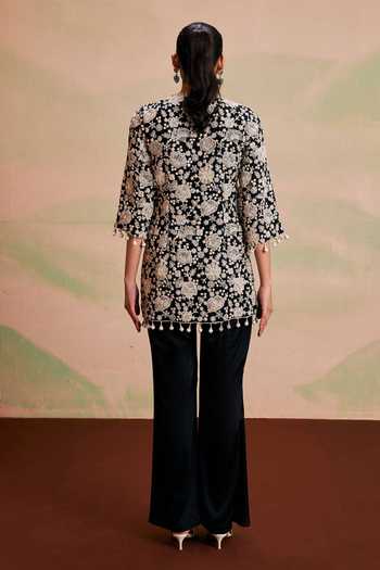 Shop_Evra By Nikita_Black Georgette Pearls, Tassels, Pom-poms Round Neck Work Kurta And Palazzo Set _at_Aza_Fashions