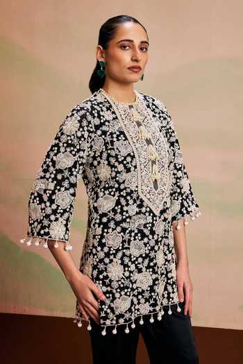 Shop_Evra By Nikita_Black Georgette Pearls, Tassels, Pom-poms Round Neck Work Kurta And Palazzo Set _Online_at_Aza_Fashions