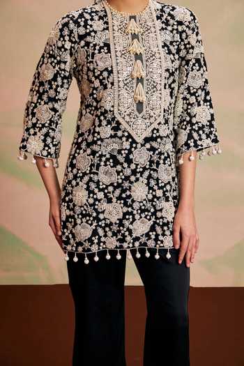 Evra By Nikita_Black Georgette Pearls, Tassels, Pom-poms Round Neck Work Kurta And Palazzo Set _at_Aza_Fashions