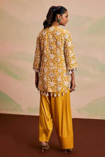 Shop_Evra By Nikita_Yellow Georgette Pearls Round Neck Work Kurta And Salwar Set _at_Aza_Fashions