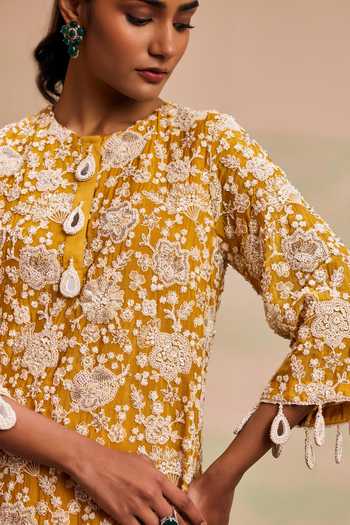 Evra By Nikita_Yellow Georgette Pearls Round Neck Work Kurta And Salwar Set _at_Aza_Fashions
