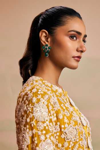 Shop_Evra By Nikita_Yellow Georgette Pearls Round Neck Work Kurta And Salwar Set 