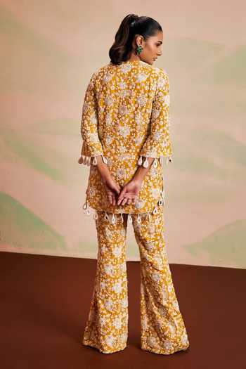 Shop_Evra By Nikita_Yellow Georgette Pearls Round Neck, Yes Work Kurta And Palazzo Set _at_Aza_Fashions