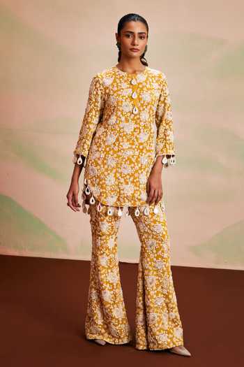 Evra By Nikita_Yellow Georgette Pearls Round Neck, Yes Work Kurta And Palazzo Set _Online_at_Aza_Fashions