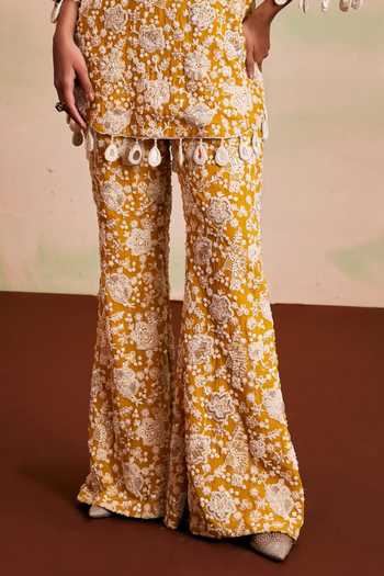 Buy_Evra By Nikita_Yellow Georgette Pearls Round Neck, Yes Work Kurta And Palazzo Set _Online_at_Aza_Fashions