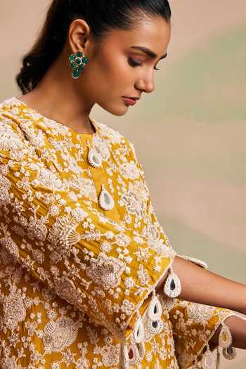 Evra By Nikita_Yellow Georgette Pearls Round Neck, Yes Work Kurta And Palazzo Set _at_Aza_Fashions