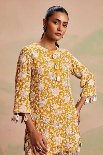 Buy_Evra By Nikita_Yellow Georgette Pearls Round Neck, Yes Work Kurta And Palazzo Set 