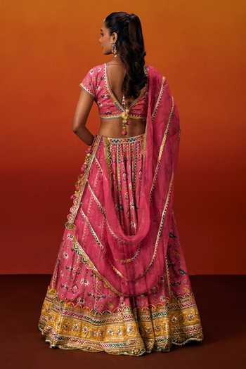 Shop_Evra By Nikita_Pink Silk, Cotton Gota Patti V-neck Patola Print Lehenga Set _at_Aza_Fashions