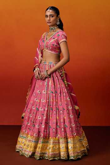 Evra By Nikita_Pink Silk, Cotton Gota Patti V-neck Patola Print Lehenga Set _Online_at_Aza_Fashions