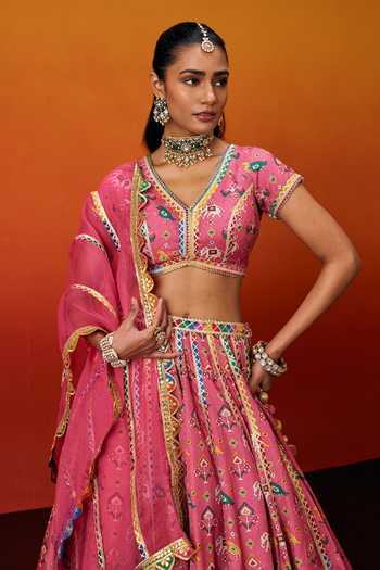 Buy_Evra By Nikita_Pink Silk, Cotton Gota Patti V-neck Patola Print Lehenga Set _Online_at_Aza_Fashions