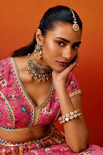 Shop_Evra By Nikita_Pink Silk, Cotton Gota Patti V-neck Patola Print Lehenga Set _Online_at_Aza_Fashions