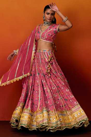 Evra By Nikita_Pink Silk, Cotton Gota Patti V-neck Patola Print Lehenga Set _at_Aza_Fashions