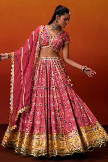 Buy_Evra By Nikita_Pink Silk, Cotton Gota Patti V-neck Patola Print Lehenga Set 