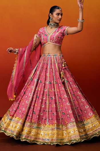Shop_Evra By Nikita_Pink Silk, Cotton Gota Patti V-neck Patola Print Lehenga Set 
