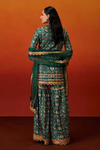 Shop_Evra By Nikita_Green Silk, Cotton Gota Patti Round Neck, Yes Patola Print Kurta Set _at_Aza_Fashions