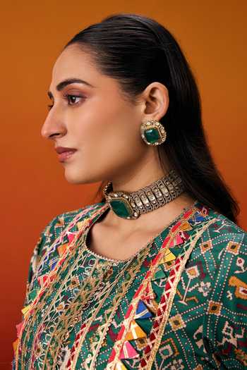 Shop_Evra By Nikita_Green Silk, Cotton Gota Patti Round Neck, Yes Patola Print Kurta Set _Online_at_Aza_Fashions