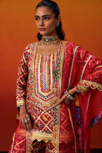 Shop_Evra By Nikita_Red Silk, Cotton Gota Patti Square Neck Patola Print Kurta Set 