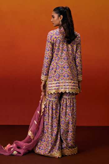 Shop_Evra By Nikita_Pink Silk, Cotton Gota Patti Round Neck Patola Print Kurta Set _at_Aza_Fashions