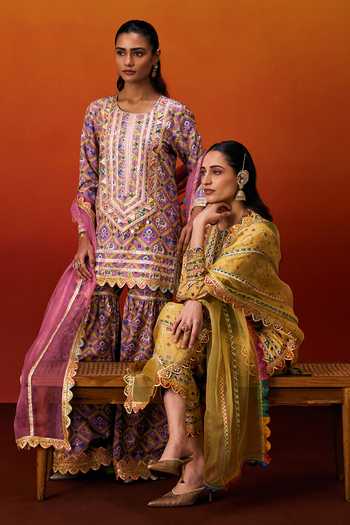 Shop_Evra By Nikita_Pink Silk, Cotton Gota Patti Round Neck Patola Print Kurta Set _Online_at_Aza_Fashions