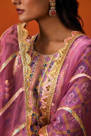 Evra By Nikita_Pink Silk, Cotton Gota Patti Round Neck Patola Print Kurta Set _at_Aza_Fashions