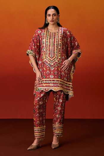Buy_Evra By Nikita_Red Silk, Cotton Gota Patti Round Neck Patola Print Kaftan And Pant Set _at_Aza_Fashions